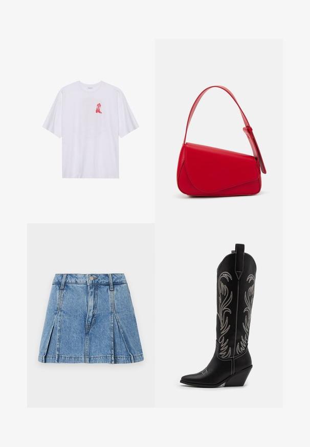 T-shirt branca de algodão com mangas curtas, apresentando uma gráfica de bota de cowboy vermelha no lado esquerdo do peito. Textura suave, corte descontraído.; Mini saia de ganga em azul claro com um design plissado, fecho com botão prateado e estilo clássico de cinco bolsos.; Botas de cowboy em couro preto com bicos pontiagudos, saltos em cunha e padrões florais bordados em prata ao longo do cano. Costura de contraste por toda a parte.; Bolsa de mão em couro vermelho com um design angular e geométrico. Apresenta uma única alça ajustável e um fecho com aba, com detalhes cosidos.