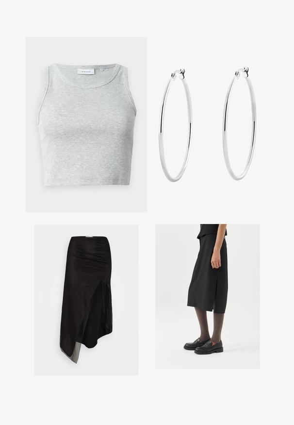 Szary prążkowany top na ramiączkach z okrągłym dekoltem i bez rękawów. Miękka tekstura i dopasowany krój, idealny do codziennych stylizacji lub jako warstwa.; Czarna asymetryczna spódnica z lekkiego, przezroczystego materiału, z marszczeniami po bokach i wysokim rozcięciem dla dodatkowej swobody ruchów.; Czarna spódnica do kolan z bocznym rozcięciem, połączona z czarnymi mokasynami i przezroczystymi brązowymi rajstopami, charakteryzująca się gładkim materiałem i prostym wzorem.; Srebrne kolczyki koła o gładkim, polerowanym wykończeniu i bezszwowym designie, z zaokrąglonymi krawędziami i bezpiecznym zapięciem.