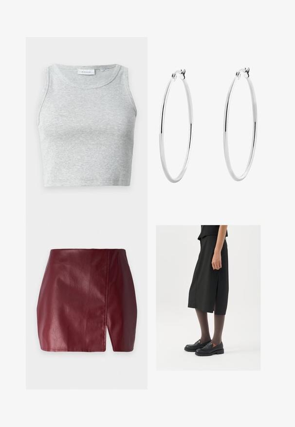 Šedý žebrovaný tílko s kulatým výstřihem a bez rukávů. Měkká textura a přiléhavý střih, vhodné pro každodenní nošení nebo jako vrstvení.; Bordó mini sukně vyrobená z hladké kůže, s předním rozparkem, vysokým pasem a štíhlým, přiléhavým designem. Žádné viditelné kovové prvky ani vzory.; Černá sukně ke kolenům s bočním rozparkem, v kombinaci s černými loafers a průhlednými hnědými punčochami, vyrobená z hladkého materiálu a s jednoduchým designem.; Stříbrné kruhové náušnice s hladkým, leštěným povrchem a tenkým, kruhovým tvarem. Design obsahuje bezpečné zapínání.