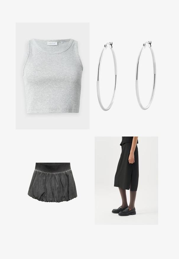 Grå ribbad linne med rund halsringning och utan ärmar. Mjuk känsla och figurnära design, lämplig för avslappnade eller lager-på-lager alternativ.; Mango Minikjol - grey; Svart knälång kjol med sidoklyv, kombinerad med svarta loafers och genomskinliga bruna strumpbyxor, med en slät textil och enkel design.; Silverörhängen med en slät, polerad yta och en tunn, cirkulär form. Designen har en säker låsning.