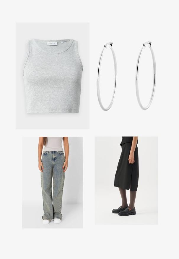 Top senza maniche a costine grigio con scollatura rotonda. Tessuto morbido e design aderente, adatto per look casual o in sovrapposizione.; Jeans a gamba larga di un azzurro chiaro, realizzati in denim, con vita alta, lavaggio sbiadito e cuciture a contrasto. Abbinati a sneakers bianche.; Gonna nera alla lunghezza del ginocchio con spacco laterale, abbinata a mocassini neri e collant trasparenti marroni, caratterizzata da un tessuto liscio e un design semplice.; Orecchini a cerchio in argento con una superficie liscia e lucida e una forma circolare sottile. Il design presenta una chiusura sicura.