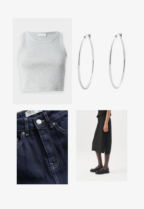 Szary prążkowany top na ramiączkach z okrągłym dekoltem i bez rękawów. Miękka tekstura i dopasowany krój, idealny do codziennych stylizacji lub jako warstwa.; Next WIDE niebieski; Czarna spódnica do kolan z bocznym rozcięciem, połączona z czarnymi mokasynami i przezroczystymi brązowymi rajstopami, charakteryzująca się gładkim materiałem i prostym wzorem.; Srebrne kolczyki w formie obręczy z gładką, polerowaną powierzchnią i cienkim, okrągłym kształtem. Wzór posiada pewne zapięcie.