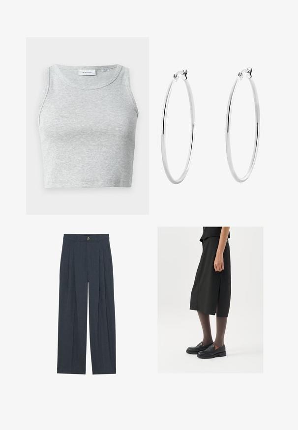 Débardeur gris côtelé avec un col rond et sans manches. Texture douce et coupe ajustée, idéal pour des looks décontractés ou en superposition.; Pantalons larges en tissu texturé gris foncé, avec des plis avant, une fermeture à bouton et des poches latérales pour plus de fonctionnalité.; Jupe noire mi-longue avec fente sur le côté, assortie à des mocassins noirs et des collants bruns transparents, dotée d'un tissu lisse et d'un design simple.; Boucles d'oreilles créoles en argent avec une finition lisse et polie, un design sans couture, comportant des bords arrondis et un fermoir sécurisé.