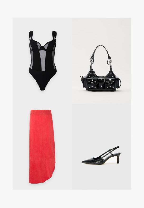 Čierny priliehavý body s prierezmi z sieťoviny, s kosticami, nastaviteľnými ramienkami a patentkami v rozkroku.; Červená sukňa po členky vyrobená z hladkej, ľahkej tkaniny. Má zakrivený lem a jednoliatu farbu bez viditeľných vzorov alebo ozdôb.; Čierne patentové slingback topánky na ihlovom podpätku s špicatou špičkou, s textúrovaným hadím vzorom, nastaviteľným popruhom a krátkym, textúrovaným blokovým podpätkom.; Čierna kožená kabelka s zakriveným dizajnom, doplnená striebornými cvočkami, prackou a dvoma bočnými vreckami. Nastaviteľný popruh poskytuje rôzne možnosti nosenia.