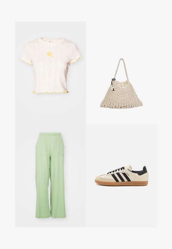 Kurzärmliges weißes T-Shirt mit gerippter Textur, gelben Rüschen am Saum und floralem Stickmuster in der Mitte der Brust.; Helle grüne, weite Hosen mit einem elastischen Bund, strukturiertem Stoff und zwei vorderen Taschen. Das Design zeichnet sich durch eine lockere Passform aus.; Beige Sport Schuh mit schwarzen Streifen, Gummisohle und schwarzen Akzenten. Verfügt über ein Obermaterial aus glattem Leder und ein rundes Zehendesign.; Netzhandtasche in Cremefarbe, mit einem weichen Stofffutter und einem Griff, verziert mit einem floralen Akzent und einem Kordelzugverschluss.