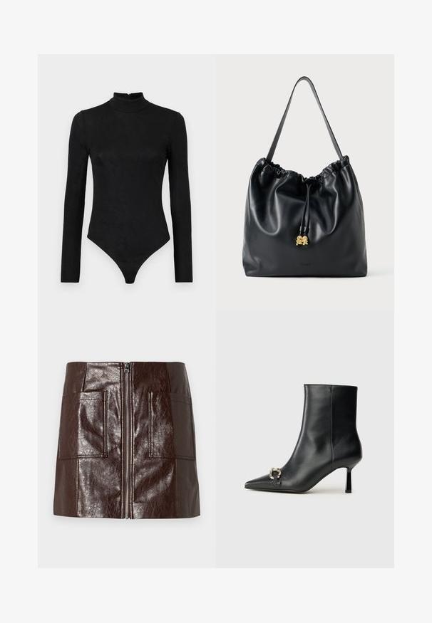 Sort langærmet bodystocking med høj hals og subtil tekstur. Har en lynlås bagpå og en thong-bunddesign.; Brun faux læder mini-skjørt med en frontlynlås, to store forlommer og en glat, blank overflade.; Sort læder ankelstøvle med spidse tæer, slank hæl i mellemhøjde og sølvspænde detaljer på siden mod en ensfarvet baggrund.; Sort lædertrækpose med en glat overflade, samlede top og subtilt guldfarvet hardware. Har en enkelt robust rem og prægede logo.
