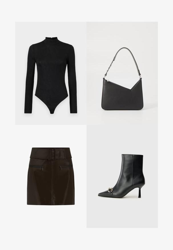 Body noir à manches longues avec un col montant et une texture subtile. Comprend une fermeture éclair au dos et un design de bas en thong.; Mini jupe en cuir synthétique marron avec une large taille, une boucle carrée et deux poches zippées sur les côtés. Texture lisse et brillante.; Bottine en cuir noir avec un bout pointu, un talon moyen fin et un détail de boucle en argent sur le côté, se détachant sur un fond uni.; Sac à main en cuir noir, de forme triangulaire, avec une sangle fine et des accessoires en métal argenté. Il dispose d'une fermeture zippée et d'un logo embossé à l'avant.