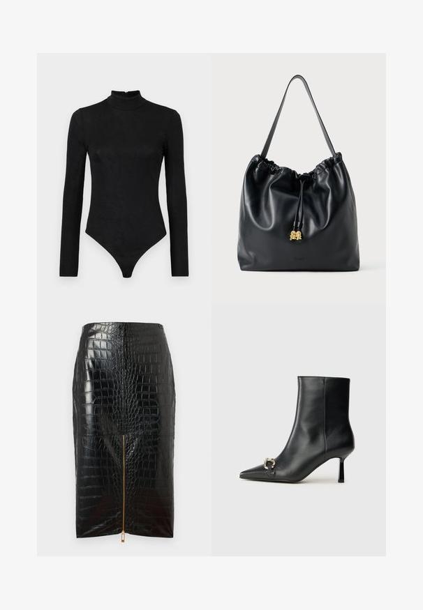 Body preto de manga longa com gola alta e textura subtil. Apresenta um fecho nas costas e um design de fundo tipo fio dental.; Saia lápis em imitação de couro preta com textura de crocodilo, apresentando um zíper dourado central e um acabamento suave.; Bota preta de couro até ao tornozelo com bico apontado, salto slim de altura média e detalhe em fivela prateada de lado, contra um fundo simples.; Mala de cordão em couro preto com uma textura suave, topo franzido e discretos acessórios em dourado. Apresenta uma única alça resistente e um logótipo embossado.
