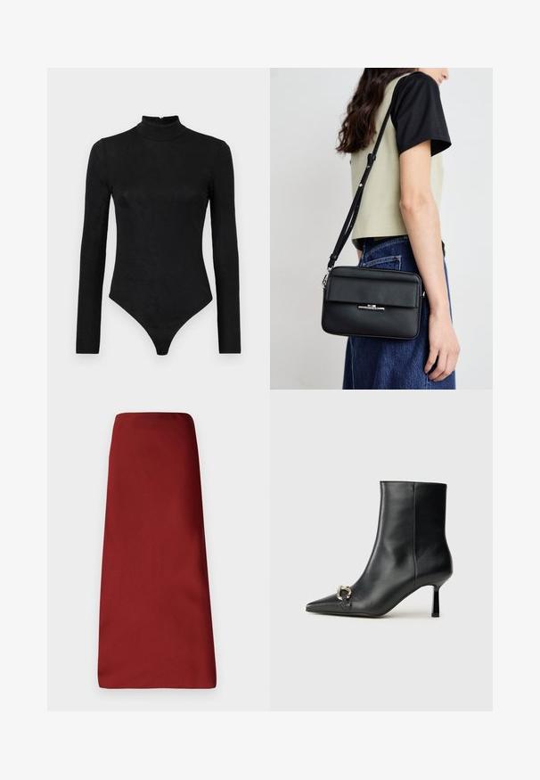 Black long-sleeve bodysuit with a high neck and subtle texture. Features a back zipper and a thong bottom design.; Burgundy midi skirt with a smooth texture, straight silhouette, and no visible fastenings or patterns. Length reaches below the knees.; Black leather ankle boot with pointed toe, slim mid-height heel, and silver buckle detail on side against plain background.; Calvin Klein LINEAR CAMERA BAG - Cross body bag - black