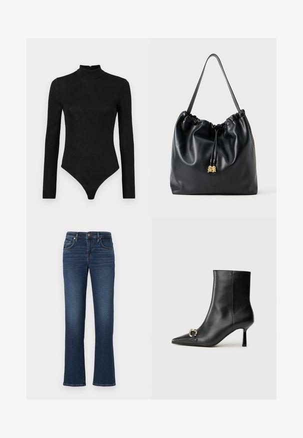 Črni bodi z dolgimi rokavi, visokim ovratnikom in subtilno teksturo. Ima zadrgo na hrbtni strani in zasnovo tangic.; Temno modri jeans s ravnim krojem hlačnic, ki imajo sprednje žepe, zadrgo in diskretno zbledelost ob stegnih.; Črne usnjene gležnjarje s koničastim nosom, ozkim srednjem petam in srebrno zaponko na strani na enobarvni podlagi.; Črna usnjena torba s vrvico z gladko teksturo, nabranim vrhom in subtilno zlatasko strojno opremo. Ima eno robustno naramnico in vtisnjen logotip.