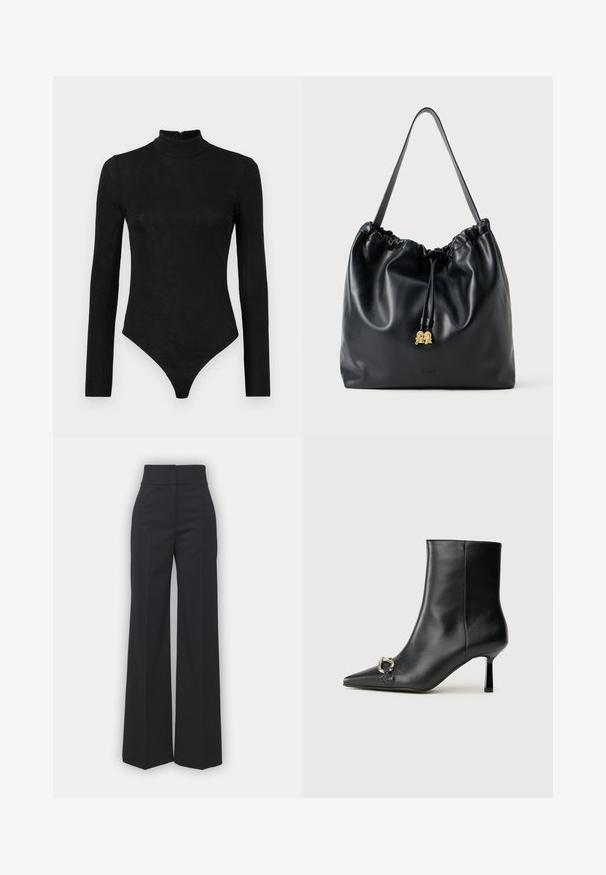 Melnas garās piedurknes bodijam ar augstu kakla izgriezumu un smalku faktūru. Tam ir aizmugurējā rāvējslēdzēja un stringa apakšdaļas dizains.; Melni plaša kāju bikses ar augstu jostasvietu, kurām ir tīra apdare un gluda tekstūra. Nav redzamu detaļu vai rakstu.; Melnā ādas potīšu zābaku ar smailu purngalu, šauru vidēja augstuma papēdi un sudraba sprādzi sānos uz vienkrāsaina fona.; Melnas ādas zīmogs ar gludu tekstūru, savilktā augšdaļa un izsmalcināta zelta apdare. Iebūvēta viena izturīga siksna un iešūts logotips.