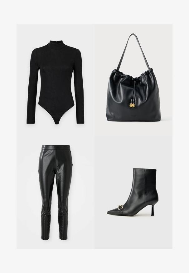 Mustas pikkade varrukatega bodi kõrge kaelusega ja peene tekstuuriga. Omab seljaosast lukku ja stringi stiilis alumist osa.; Mustad nahkpüksid, kitsas lõige, sileda tekstuuriga ja kõrge vöökohaga. Detailid sisaldavad põlveaksente, et lisada disaini.; Must mustanvärvi nahast pahklinetopp, millel on terav nina, peen keskmise kõrgusega konts ja hõbedane keha detail külgedel, taustal lihtne taust.; Mustmust nahkakanas, millel on sile tekstuur, kokku tõmmatud ülemine osa ja tagasihoidlik kuldne riistvara. Sisaldab ühte tugevat rihma ja reljeefset logo.