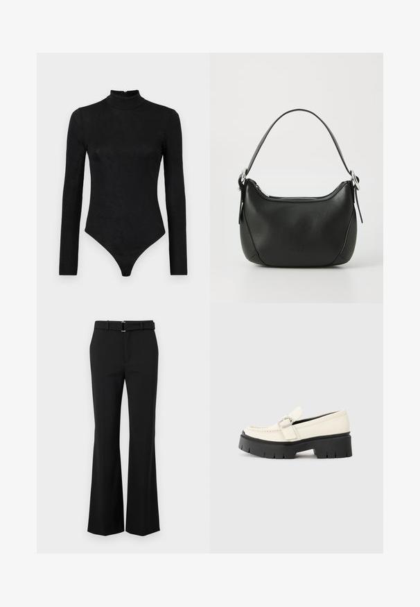 Melnas garās piedurknes bodijam ar augstu kakla izgriezumu un smalku faktūru. Tam ir aizmugurējā rāvējslēdzēja un stringa apakšdaļas dizains.; Melnas flared bikses ar gludu tekstūru, kurām ir pieguļošs jostasvieta un josta ar sudraba sprādzi. Tīrs dizains un bez redzamām rakstu izdrukām.; Baltā ādas loafera ar masīvu melnu platformu, ar taisnstūra sudraba sprādzi un redzamām šuvām augšējā daļā.; Melnas ādas rokassoma ar izliekumu formu, sudraba rāvējslēdzis un īsu rokturi. Priekšpusē ir smalks logo un gluda tekstūra.