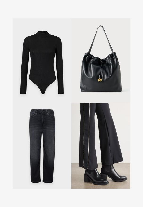 Sort langærmet bodystocking med høj hals og subtil tekstur. Har en lynlås bagpå og en thong-bunddesign.; Mørk denimjeans med almindelig pasform, lige ben, frontlommer, en lille møntlomme og knaplukning. Glat tekstur og minimal falming.; Sorte læder ankelstøvler med blokhæle, udstyret med elastiske sidepaneler. Kombineret med sorte bukser, der har en hvid side stripe.; Sort lædertrækpose med en glat overflade, samlede top og subtilt guldfarvet hardware. Har en enkelt robust rem og prægede logo.