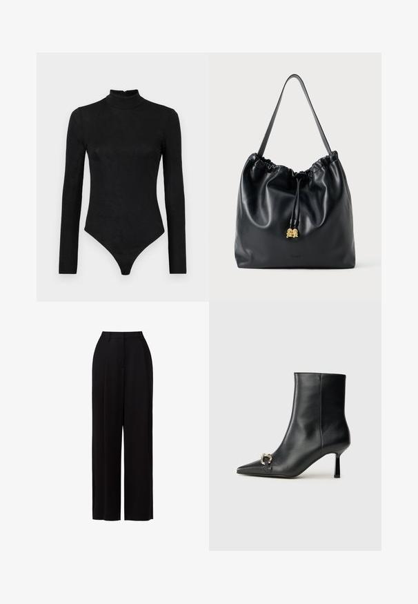 Svart langermet bodysuit med høy hals og subtil tekstur. Har en glidelås på baksiden og et tanga-bunndesign.; Svart vide bukser i lett materiale, med høy liv, frontfolder og minimalistisk design uten synlige lommer eller metallkomponenter.; Sorte lær ankle boot med spiss tå, slank mid-høyde hæl og sølvspenne på siden mot en enkel bakgrunn.; Svart lær trekksekk med en glatt tekstur, samlet topp og subtilt gullbeslag. Har en enkelt solid stropp og preget logo.