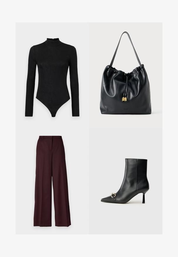 Melnas garās piedurknes bodijam ar augstu kakla izgriezumu un smalku faktūru. Tam ir aizmugurējā rāvējslēdzēja un stringa apakšdaļas dizains.; Pinko BENEDETTI PANTALONE - Auduma bikses - bordeaux intenso; Melnā ādas potīšu zābaku ar smailu purngalu, šauru vidēja augstuma papēdi un sudraba sprādzi sānos uz vienkrāsaina fona.; Melnas ādas zīmogs ar gludu tekstūru, savilktā augšdaļa un izsmalcināta zelta apdare. Iebūvēta viena izturīga siksna un iešūts logotips.