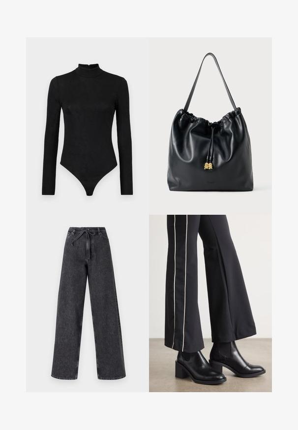 Body nero a maniche lunghe con collo alto e subtile texture. Dotato di zip sul retro e design a brasiliana.; Jeans in denim neri a vita alta e gambe larghe con chiusura a coulisse. Presentano una texture sbiadita e dettagli di cucitura sottili.; Stivaletti in pelle nera con tacco a blocco, dotati di pannelli elastici sui lati. Abbinati a pantaloni neri con una striscia bianca laterale.; Borsa a tracolla nera in pelle con texture liscia, parte superiore arricciata e hardware dorato sottile. Presenta una tracolla robusta e un logo impresso.