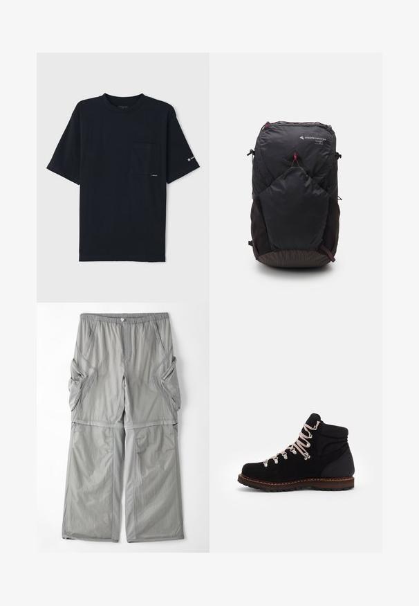 Černé bavlněné tričko s krátkým rukávem, kulatým výstřihem a kapsou na hrudi. Má malé logo na rukávu a hladkou strukturu.; Světle šedé, prodyšné kalhoty z látky s elastickým pasem, bočními kapsami a kontrastním šedým lemováním podél švů. Volnější střih.; Černé semišové turistické boty s růžovými tkaničkami, kovovými očky, polstrovanou podporou kotníku a texturovanou gumovou podrážkou, s kontrastní hnědou mezipodešví.; Černý batoh s trojúhelníkovým logem, kapacita 26L, zipové uzavření, texturovaná spodní část a kontrastní červené akcenty pro přidaný detail.