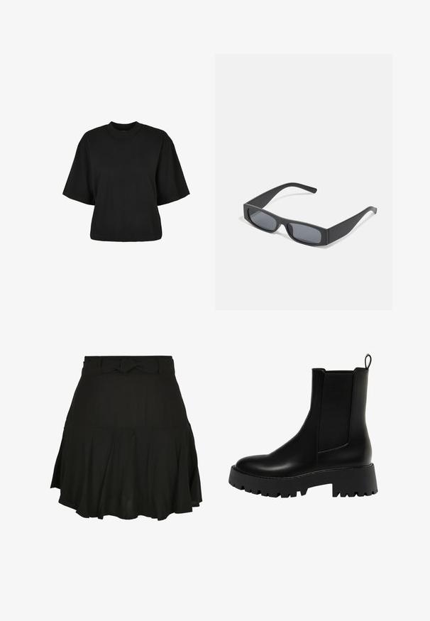 Černé zkrácené tričko vyrobené z bavlny. Má krátké rukávy a kulatý výstřih. Hladký povrch s jednoduchým designem, bez dalších vzorů.; Černá sukně s rozšířeným střihem, s uzlovým detailem v pase a lehkým materiálem, vytvářející jemné záhyby na lemu.; Černé kožené kotníkové boty s texturovaným bočním panelem, kulatou špičkou a masivní podrážkou s klínovým vzorem.; Černé obdélníkové sluneční brýle s tmavými skly a tlustými matnými rámy. Stranice jsou mírně zúžené s hladkým povrchem.
