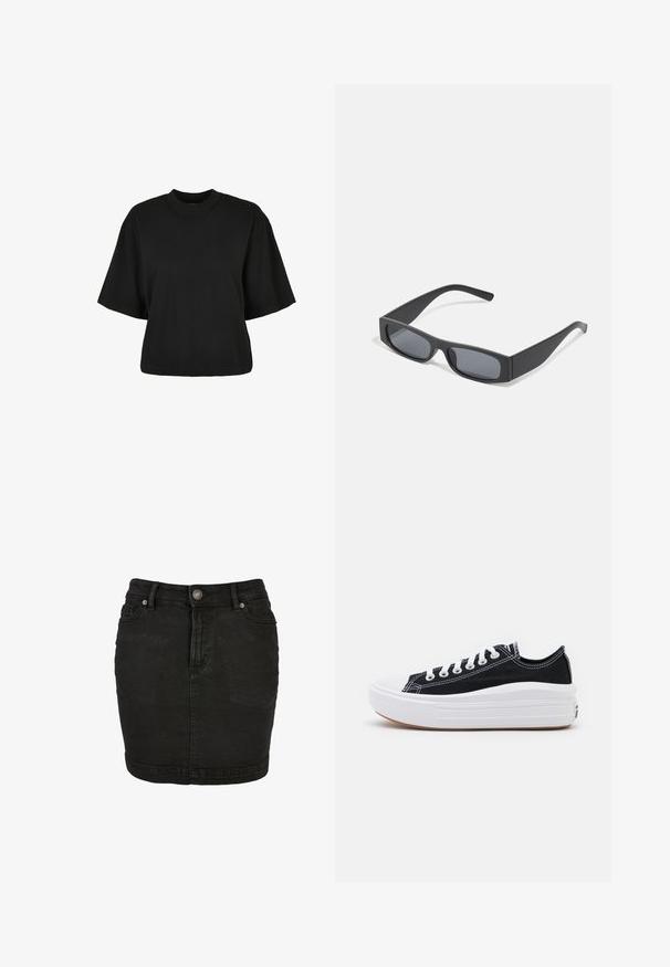 Črna kratka majica iz bombaža. Ima kratke roke in okroglo izreza. Gladka tekstura z enostavnim dizajnom, brez dodatnih vzorcev.; Črna kavbojka krilo s ravnim krojem, zasnovo s petimi žepi, sprednjim gumbom za zapiranje in subtilnim bledenjem za teksturiran videz.; Črne platnene športne copate z belimi vezalkami, belim gumijastim prstnim zaščitnikom in masivnim belim srednjim podplatom. Imajo subtilne bele šive in gumijast podplat.; Črne pravokotne sončna očala s temnimi lečami in debelimi mat okvirji. Ročaji so rahlo ukrivljeni in imajo gladko teksturo.