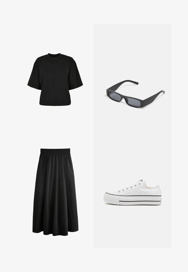 Černé zkrácené tričko vyrobené z bavlny. Má krátké rukávy a kulatý výstřih. Hladký povrch s jednoduchým designem, bez dalších vzorů.; Next POPLIN - Maxi sukně - black; Bílé plátěné tenisky s nízkým designem, kulatou špičkou, kovovými očky, černými pruhy podél podrážky a texturovanou gumovou podrážkou.; Černé obdélníkové sluneční brýle s tmavými skly a tlustými matnými rámy. Stranice jsou mírně zúžené s hladkým povrchem.