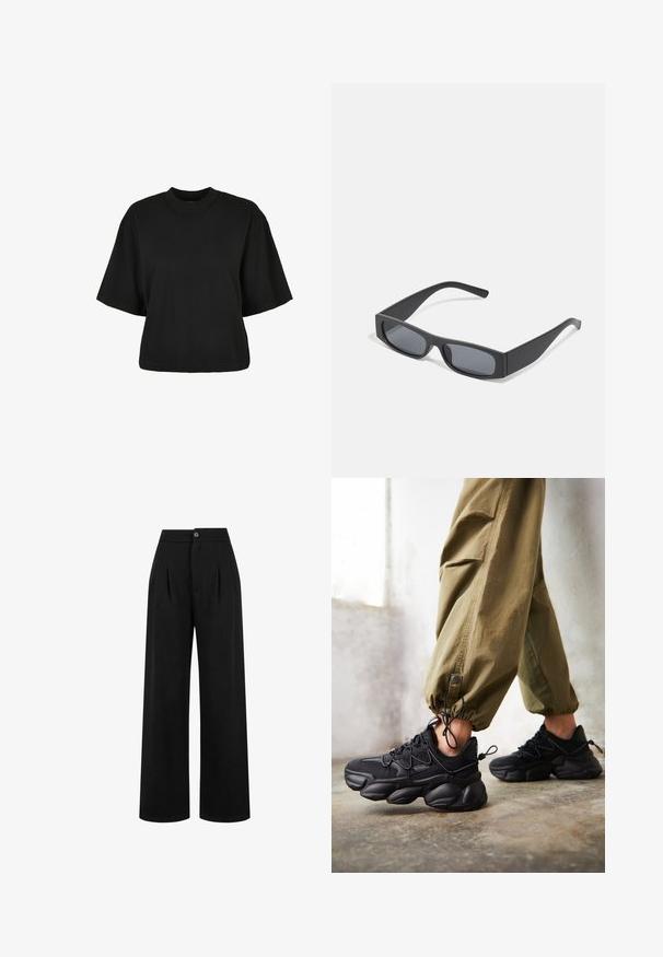 Schwarzes, kurz geschnittenes T-Shirt aus Baumwolle. Hat kurze Ärmel und einen runden Halsausschnitt. Glatte Textur mit einem schlichten Design, ohne zusätzliche Muster.; Schwarze weite Hose mit vorderen Falten, einem Knopfverschluss und einer glatten Textur. Das Design zeichnet sich durch eine hohe Taille und ein langes Bein aus.; Eine Person trägt schwarze klobige Sneakers und olivgrüne Cargo-Hosen und steht auf einem Betonboden neben einer weißen Wand.; Schwarze rechteckige Sonnenbrillen mit dunklen Gläsern und dicken matten Rahmen. Die Bügel sind leicht verjüngt und haben eine glatte Oberfläche.