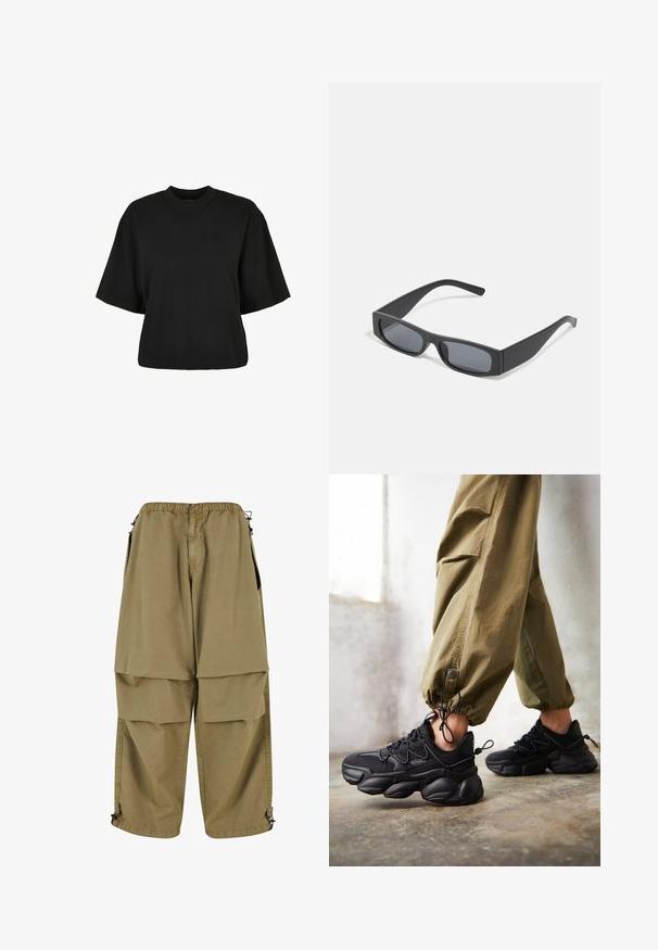 Camiseta corta negra de algodón. Cuenta con mangas cortas y un escote redondo. Textura suave con un diseño sencillo, sin patrones adicionales.; Pantalones cargo color caqui con cintura elástica, grandes bolsillos frontales y puños ajustables. Están hechos de una tela ligera con una textura suave.; Persona con zapatillas negras gruesas y pantalones cargo verde oliva de pie sobre un suelo de concreto junto a una pared blanca.; Gafas de sol negras rectangulares con lentes oscuros y montura gruesa mate. Las varillas son ligeramente cónicas con una textura suave.