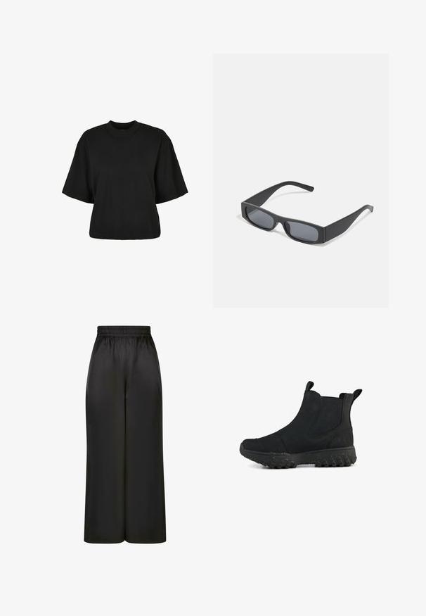 Crna skraćena majica od pamuka. Ima kratke rukave i okrugli izrez. Glatka tekstura s jednostavnim dizajnom, bez dodatnih uzoraka.; Crne široke hlače napravljene od glatkog, sjajnog materijala s elastičnim pojasom i bez vidljivih džepova ili metalnih detalja.; Crne gležnjače s elegantnim dizajnom, izrađene od teksturirane gume. Imaju debelu, reljefnu potplate i rukohvate sa strane.; Crne pravokutne sunčane naočale s tamnim lećama i debelim mat okvirima. Naočale su lagano sužene s glatkom teksturom.
