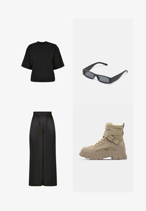 Melnas īsā piegriezuma T-kreklis no kokvilnas. Tam ir īsas piedurknes un apaļa izgriezne. Gluda tekstūra ar vienkāršu dizainu, bez papildu rakstiem.; Melni plaši bikses, izgatavotas no gludas, spīdīgas auduma, ar elastīgu jostu un bez redzamām kabatām vai aparatūras detaļām.; Toni augstās botas, izgatavotas no sintētiskā materiāla, ar masīvu zoli, teksturētām auduma detaļām un siksnu ar logo. ; Melni taisnstūrveida saulesbrilles ar tumšiem stikliem un bieziem matētiem rāmiem. Rāmju kājas ir nedaudz sašaurinātas ar gludu tekstūru.