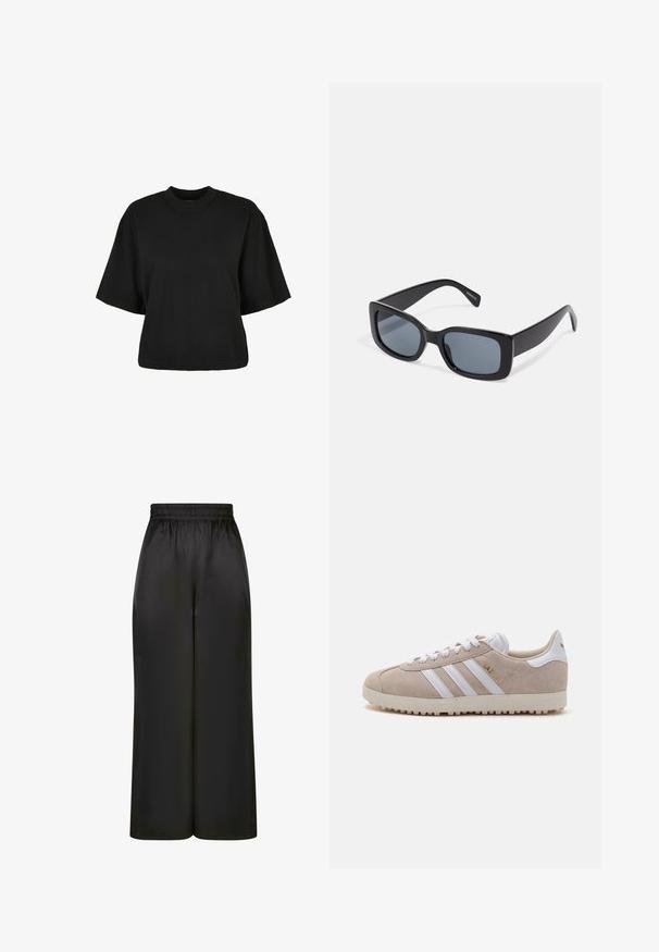 Juoda trumpa medvilninė palaidinė. Su trumpomis rankovėmis ir apvaliu iškirpimu. Lygus paviršius su paprastu dizainu, be papildomų raštų.; Juodos plačios kelnės, pagamintos iš lygaus, blizgaus audinio, su elastinga juosmens juosta ir be matomų kišenių ar aparatūros detalių.; Šviesiai rudos suknelių sportbačiai su baltais odiniais akcentais, turintys tris baltas juosteles, auksinį tekstą „Gazelle“ ir tekstūruotą guminį padas.; Juodos stačiakampės saulės akinių su tamsiai tamsintais lęšiais, storesnio plastiko rėmu ir plačiomis šventyklomis. Lygi paviršius ir kampuotas dizainas.