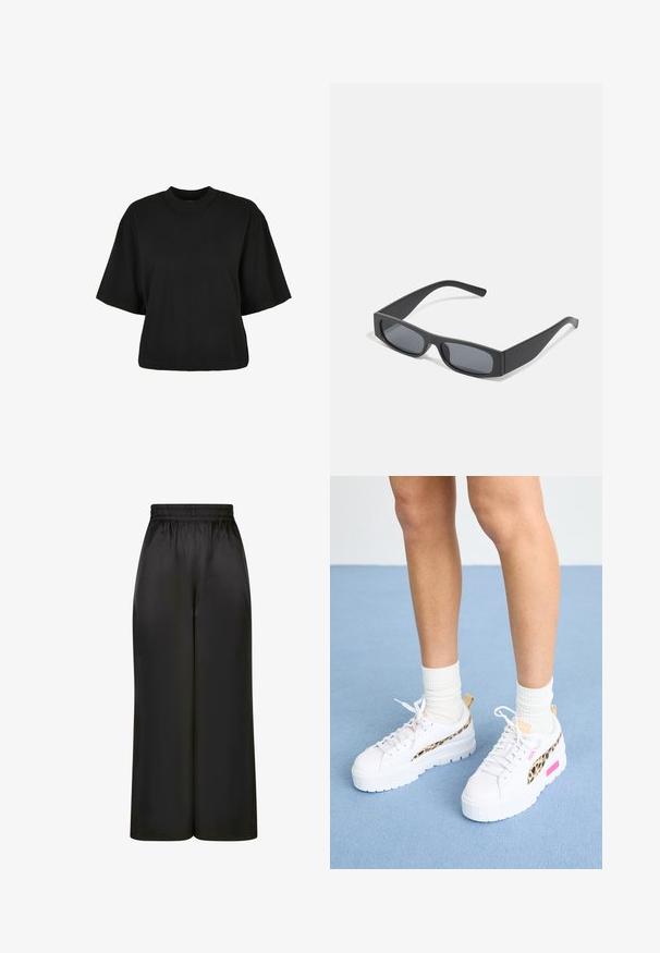 Fekete, rövid ujjú, pamut crop póló. Kerek nyakkivágással rendelkezik. Simára készült textúrája van, egyszerű dizájn, nincs rajta további minta.; Fekete, bő szárú nadrág, sima, fényes anyagból, rugalmas derékrésszel, látható zsebek vagy fém részletek nélkül.; Puma MAYZE - Sportcipő - white/granola; Fekete téglalap alakú napszemüveg sötét lencsékkel és vastag, matt kerettel. A szárak enyhén elkeskenyednek, sima felületűek.
