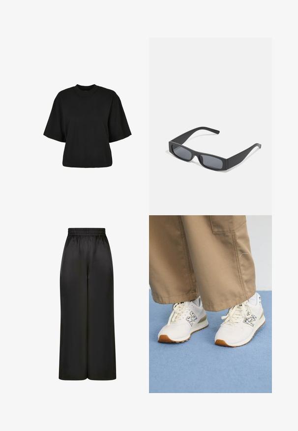 Čierne skrátené tričko z bavlny. Disponuje krátkymi rukávmi a okrúhlym výstrihom. Hladká textúra s jednoduchým dizajnom, bez ďalších vzorov.; Čierne široké nohavice vyrobené z hladkého, lesklého materiálu s elastickým pásom a bez viditeľných vreciek či kovových detailov.; Biele športové topánky s textúrovanou béžovou gumovou podrážkou. Majú modrý zvierací vzor ako akcent a ploché béžové šnúrky, skombinované s pieskovými nohavicami.; Čierne obdĺžnikové slnečné okuliare s tmavými sklami a hrubými matnými rámami. Ramena sú mierne zúžené s hladkým povrchom.