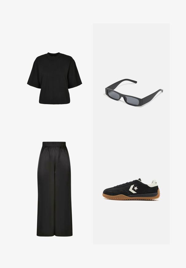 Tricou scurt, negru, din bumbac. Are mâneci scurte și un decolteu rotund. Textură netedă cu un design simplu, fără modele adiționale.; Pantaloni negri cu picioare largi, fabricați dintr-un material neted și lucios, cu un elastic la talie și fără buzunare vizibile sau detalii metalice.; Sneaker din suede negru cu toc și logo din piele albă, având o talpă din cauciuc texturat și un design cu șireturi plate.; Ochelari de soare negri, cu lentile întunecate și rame groase mate. Brațele sunt ușor conice, cu o textură netedă.