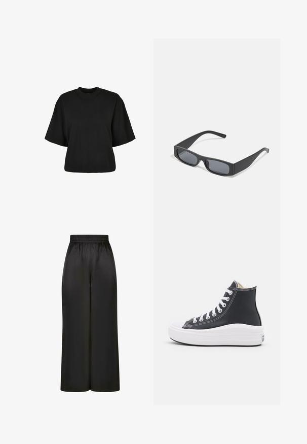 Tricou scurt, negru, din bumbac. Are mâneci scurte și un decolteu rotund. Textură netedă cu un design simplu, fără modele adiționale.; Pantaloni negri cu picioare largi, fabricați dintr-un material neted și lucios, cu un elastic la talie și fără buzunare vizibile sau detalii metalice.; Încălțăminte sport înaltă neagră cu șireturi albe și talpă din cauciuc. Prezintă o textură din piele netedă și accente de cusături albe.; Ochelari de soare negri, cu lentile întunecate și rame groase mate. Brațele sunt ușor conice, cu o textură netedă.