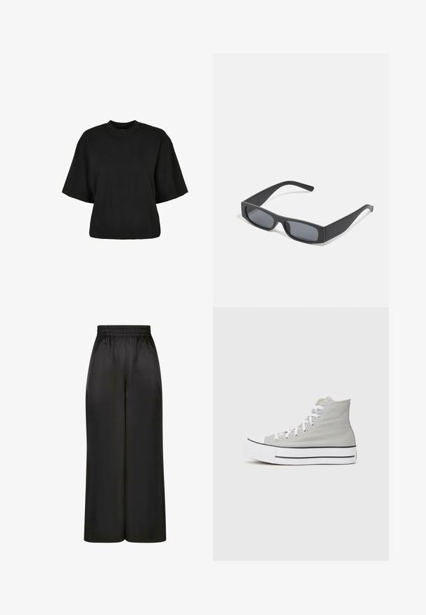 Melnas īsā piegriezuma T-kreklis no kokvilnas. Tam ir īsas piedurknes un apaļa izgriezne. Gluda tekstūra ar vienkāršu dizainu, bez papildu rakstiem.; Melni plaši bikses, izgatavotas no gludas, spīdīgas auduma, ar elastīgu jostu un bez redzamām kabatām vai aparatūras detaļām.; Gaišas pelēkas kanvas augstas tenisa kurpes, kurām ir baltas saites, baltā gumijas zole un melna svītra apakšā.; Melni taisnstūrveida saulesbrilles ar tumšiem stikliem un bieziem matētiem rāmiem. Rāmju kājas ir nedaudz sašaurinātas ar gludu tekstūru.