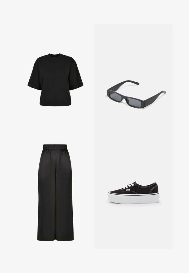 Crna skraćena majica od pamuka. Ima kratke rukave i okrugli izrez. Glatka tekstura s jednostavnim dizajnom, bez dodatnih uzoraka.; Crne široke hlače napravljene od glatkog, sjajnog materijala s elastičnim pojasom i bez vidljivih džepova ili metalnih detalja.; Crni platneni tenisice s bijelim gumiranim platformastim đonom, s bijelim vezicama i šavovima, ikoničnim brendiranjem sa strane, niskog dizajna.; Crne pravokutne sunčane naočale s tamnim lećama i debelim mat okvirima. Naočale su lagano sužene s glatkom teksturom.