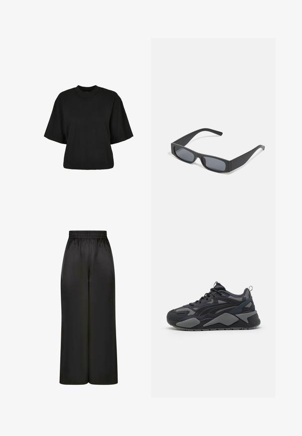 T-shirt noir court en coton. Doté de manches courtes et d'un col rond. Texture lisse avec un design simple, sans motifs supplémentaires.; Pantalons larges noirs en tissu lisse et brillant, avec une taille élastique et sans poches ni détails en métal visibles.; Baskets de sport noires avec une tige en mesh et textile avec des accents gris, une semelle épaisse et des lignes de design distinctives.; Lunettes de soleil noires rectangulaires avec des verres foncés et des montures en mat épais. Les branches sont légèrement effilées avec une texture lisse.