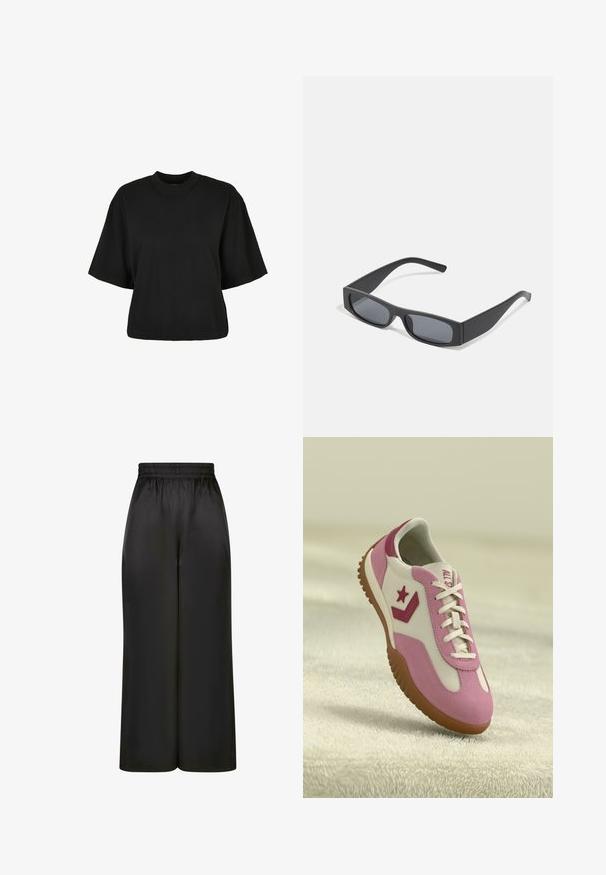 Must terav t-särk, mis on valmistatud puuvillast. Omab lühikesi varrukaid ja ümmargust kaelust. Sile tekstuur ja lihtne disain, ilma täiendavate mustriteta.; Mustad laiad püksid, mis on valmistatud siledast, läikivast kangast, millel on elastne vöökoht ja ilma nähtavate taskute või riistvara detailideta.; Roosa ja valge tenniseking kummist, tekstureeritud tallaga. Omab tähe logot ja kontrastseid detaile. Sujuv ülemine osa lukkudega kaunistatud.; Mustad ristkülikukujulised prillid tumepruunide objektiividega ja paksude mattmustade raamidega. Raamide varred on veidi kitsenenud ja neil on sile tekstuur.