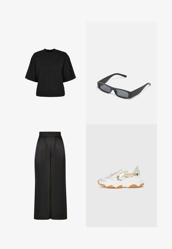 Schwarzes, kurz geschnittenes T-Shirt aus Baumwolle. Hat kurze Ärmel und einen runden Halsausschnitt. Glatte Textur mit einem schlichten Design, ohne zusätzliche Muster.; Schwarze, weit geschnittene Hosen aus glattem, glänzendem Stoff mit elastischem Bund und ohne sichtbare Taschen oder Metallteile.; Chunky Sneakers aus silbernem und weißem Mesh, mit einer strukturierten Gummisohle, dekorativen Reißverschlüssen und einer Gummisohle.; Schwarze rechteckige Sonnenbrillen mit dunklen Gläsern und dicken matten Rahmen. Die Bügel sind leicht verjüngt und haben eine glatte Oberfläche.