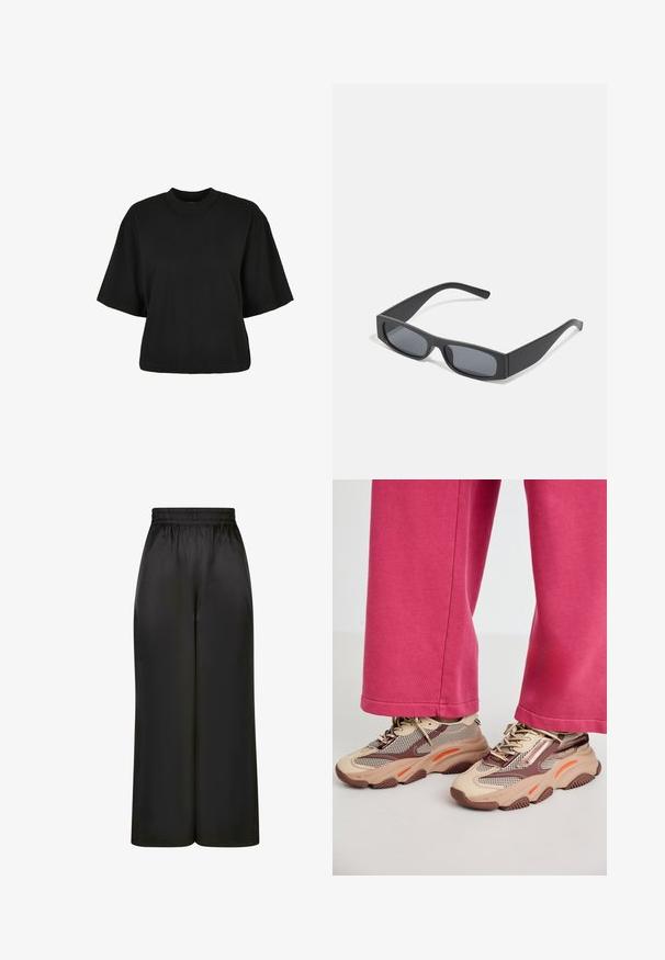 Mustat lyhyet hihattomat t-paidat, valmistettu puuvillasta. Siinä on lyhyt hihat ja pyöreä pääntie. Sileä rakenne yksinkertaisella muotoilulla, ilman ylimääräisiä kuvioita.; Mustat, leveät housut, jotka on valmistettu sileästä, kiiltävästä kankaasta, jossa on joustava vyötärö ja ei näkyviä taskuja tai metalliosia.; Vankat bež teniske s mrežastim in rjavimi detajli, ki vključujejo oranžne poudarke in teksturiran podplat. Ustrezajo k rožnatim hlačam, kar prikazuje sproščen videz.; Mustat suorakulmaiset aurinkolasit tummilla linsseillä ja paksuilla mattepinnoilla. Varsien malli on hieman kapeneva ja pinta sileä.