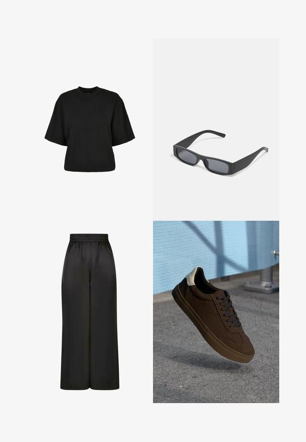 T-shirt noir court en coton. Doté de manches courtes et d'un col rond. Texture lisse avec un design simple, sans motifs supplémentaires.; Pantalons larges noirs en tissu lisse et brillant, avec une taille élastique et sans poches ni détails en métal visibles.; Baskets basses en daim marron avec des lacets noirs, présentant un capuchon de talon blanc et des détails de couture texturée. Semelle en caoutchouc.; Lunettes de soleil noires rectangulaires avec des verres foncés et des montures en mat épais. Les branches sont légèrement effilées avec une texture lisse.