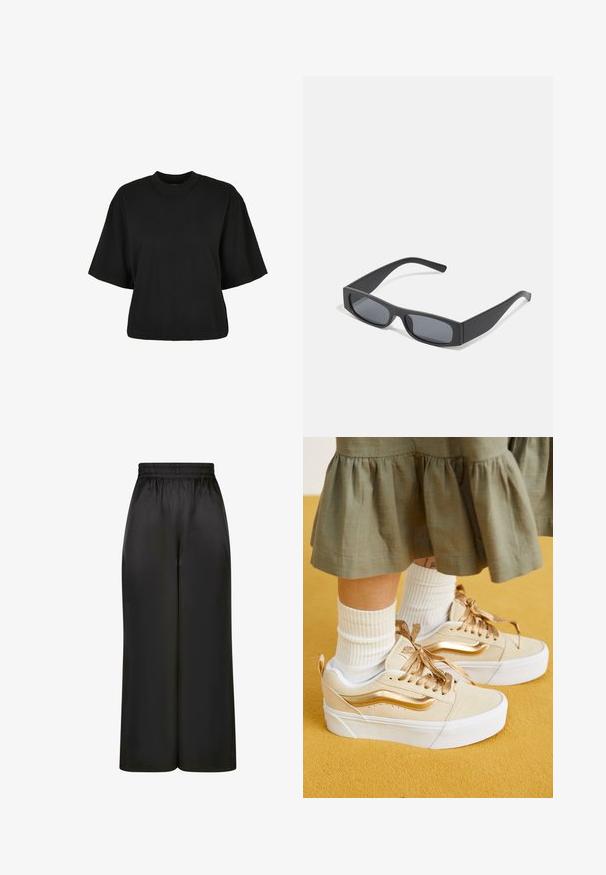 Black cropped t-shirt made of cotton. Features short sleeves and a round neckline. Smooth texture with a simple design, no additional patterns.; Black wide-leg pants made of smooth, shiny fabric with an elastic waistband and no visible pockets or hardware details.; Vans KNU STACK - Skate shoes - high shine gold; Black rectangular sunglasses with dark lenses and thick matte frames. The arms are slightly tapered with a smooth texture.