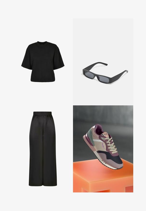 Czarny krótki t-shirt wykonany z bawełny. Posiada krótkie rękawy i okrągły dekolt. Gładka tekstura z prostym wzornictwem, bez dodatkowych wzorów.; Czarne spodnie z szerokimi nogawkami, wykonane z gładkiego, błyszczącego materiału, z elastycznym pasem i bez widocznych kieszeni ani elementów metalowych.; Sneakers w mieszance mauve, różowych i granatowych odcieni; materiały tekstylne i skórzane; warstwowy design; wyraźne logo i teksturalne akcenty.; Czarne prostokątne okulary przeciwsłoneczne z ciemnymi soczewkami i grubymi matowymi oprawkami. Ramiona są lekko zwężone i mają gładką teksturę.