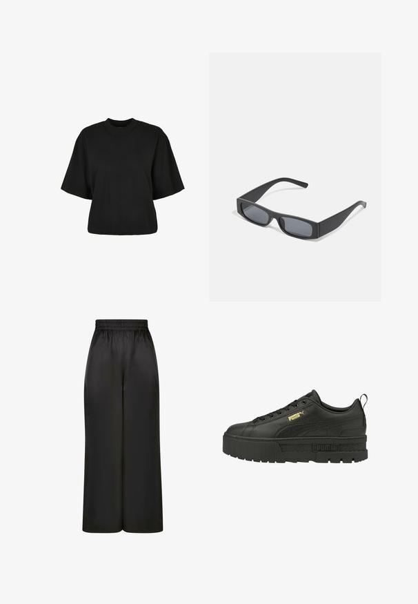 Fekete, rövid ujjú, pamut crop póló. Kerek nyakkivágással rendelkezik. Simára készült textúrája van, egyszerű dizájn, nincs rajta további minta.; Fekete, bő szárú nadrág, sima, fényes anyagból, rugalmas derékrésszel, látható zsebek vagy fém részletek nélkül.; Fekete bőrből készült platform sportcipők texturált sarkú, arany Puma logóval és fűzős kialakítással, fekete szemekkel és lapos fűzőkkel.; Fekete téglalap alakú napszemüveg sötét lencsékkel és vastag, matt kerettel. A szárak enyhén elkeskenyednek, sima felületűek.