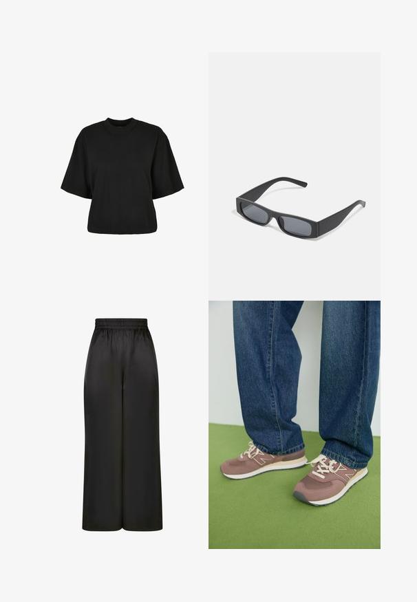 Fekete, rövid ujjú, pamut crop póló. Kerek nyakkivágással rendelkezik. Simára készült textúrája van, egyszerű dizájn, nincs rajta további minta.; Fekete, bő szárú nadrág, sima, fényes anyagból, rugalmas derékrésszel, látható zsebek vagy fém részletek nélkül.; Barna és mályva sportcipők fehér fűzővel és bézs talppal. Kék farmernadrággal viselve, zöld felület előtt.; Fekete téglalap alakú napszemüveg sötét lencsékkel és vastag, matt kerettel. A szárak enyhén elkeskenyednek, sima felületűek.