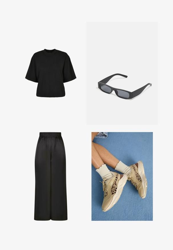 Must terav t-särk, mis on valmistatud puuvillast. Omab lühikesi varrukaid ja ümmargust kaelust. Sile tekstuur ja lihtne disain, ilma täiendavate mustriteta.; Mustad laiad püksid, mis on valmistatud siledast, läikivast kangast, millel on elastne vöökoht ja ilma nähtavate taskute või riistvara detailideta.; Jalad ristatud, kandes beeže Puma tossusid, millel on leopardimustrilised triibud, ja volangidega kreemjad sokid sinisel vaibaga põrandal.; Mustad ristkülikukujulised prillid tumepruunide objektiividega ja paksude mattmustade raamidega. Raamide varred on veidi kitsenenud ja neil on sile tekstuur.