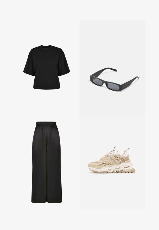 Čierne skrátené tričko z bavlny. Disponuje krátkymi rukávmi a okrúhlym výstrihom. Hladká textúra s jednoduchým dizajnom, bez ďalších vzorov.; Čierne široké nohavice vyrobené z hladkého, lesklého materiálu s elastickým pásom a bez viditeľných vreciek či kovových detailov.; Beige tenisky s hrubou bielou podrážkou, sieťovinovými panelmi a tenkými béžovými pruhmi. Obsahujú polstrovaný golier a textúrované akcenty po celom povrchu.; Čierne obdĺžnikové slnečné okuliare s tmavými sklami a hrubými matnými rámami. Ramena sú mierne zúžené s hladkým povrchom.