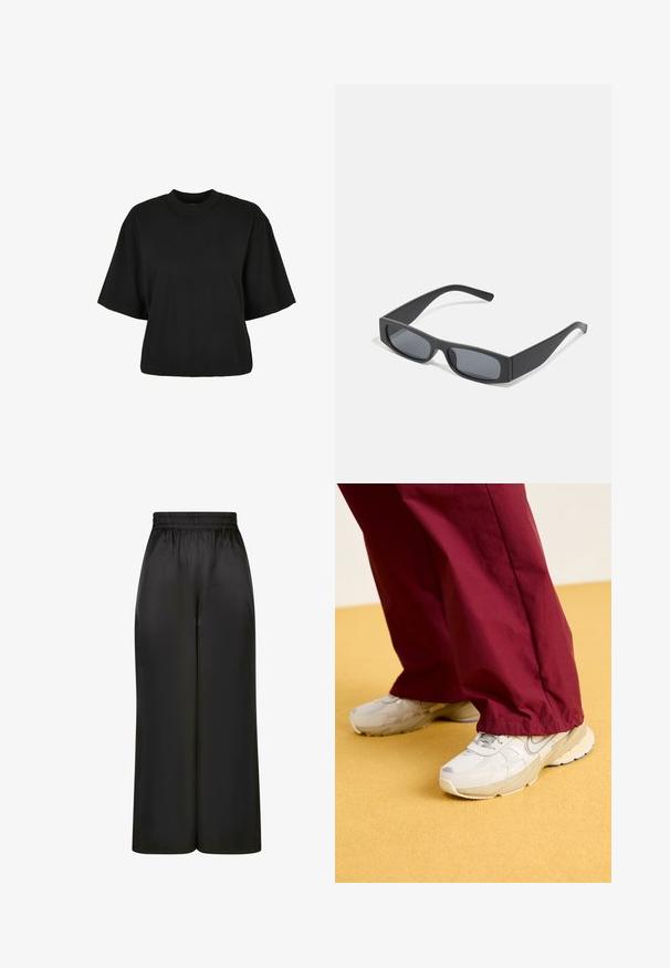 Camiseta corta negra de algodón. Cuenta con mangas cortas y un escote redondo. Textura suave con un diseño sencillo, sin patrones adicionales.; Pantalones negros de pierna ancha hechos de una tela suave y brillante, con una cinturilla elástica y sin bolsillos visibles ni detalles de metal.; Zapatillas de deporte gris claro con superficies texturizadas y suelas acolchadas, combinadas con pantalones burdeos de corte suelto, frente a un fondo amarillo.; Gafas de sol negras rectangulares con lentes oscuros y montura gruesa mate. Las varillas son ligeramente cónicas con una textura suave.