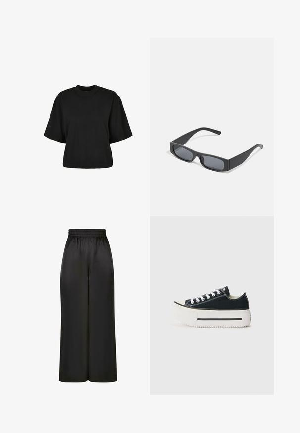 Must terav t-särk, mis on valmistatud puuvillast. Omab lühikesi varrukaid ja ümmargust kaelust. Sile tekstuur ja lihtne disain, ilma täiendavate mustriteta.; Mustad laiad püksid, mis on valmistatud siledast, läikivast kangast, millel on elastne vöökoht ja ilma nähtavate taskute või riistvara detailideta.; Mustad kanavisneakerid valge kummist tallaga, paksema platvormiga, valgete paeltega ning kontrastse õmblusega õmbluste ääres.; Mustad ristkülikukujulised prillid tumepruunide objektiividega ja paksude mattmustade raamidega. Raamide varred on veidi kitsenenud ja neil on sile tekstuur.