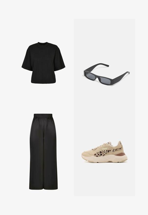 Sort cropped t-shirt lavet af bomuld. Har korte ærmer og rund halsudskæring. Glat tekstur med et enkelt design, ingen ekstra mønstre.; Sorte brede bukser lavet af glat, skinnende stof med elastisk talje og uden synlige lommer eller hardwaredetaljer.; Beige sneakers med en tekstureret overdel, der har et leopardprint-design på siden, polstret krave og en chunky hvid sål.; Sorte rektangulære solbriller med mørke linser og tykke matte stel. Armen er let tilspidset med en glat overflade.